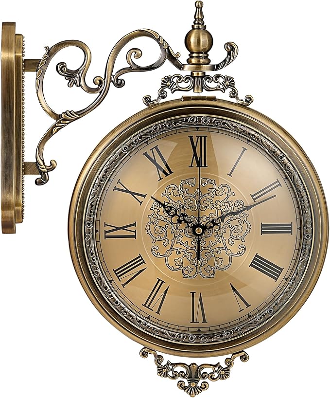 Large Vintage Double Sided Wall Clock with Glass & Metal, Roman and Arabic Numerals, Silent Non-Ticking Battery Operated Antique Clock for Living Room, Office, Hallway Decor (15x18.5 Inch)