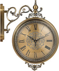 Large Vintage Double Sided Wall Clock with Glass & Metal, Roman and Arabic Numerals, Silent Non-Ticking Battery Operated Antique Clock for Living Room, Office, Hallway Decor (15x18.5 Inch)