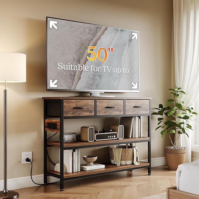 Lulive 2 Pack Entryway Tables with Power Outlets, Console Table with 3 Fabric Drawers, Sofa Table for Living Room, Hallway, Couch, Foyer, Height Adjustable