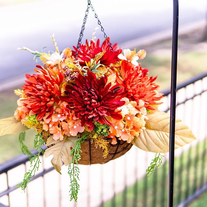 Artificial Fake Hanging Mums Flowers Plants Baskets for Outdoor Outside Decoration, Faux Silk Orange Flower Chrysanthemum UV Resistant Realistic for Porch Patio Balcony Yard Decor