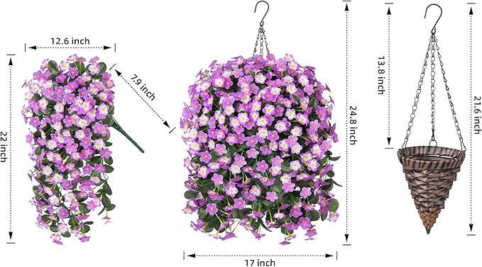 Artificial Fake Hanging Flowers with Basket for Outdoor Decoration,UV Resistant Faux Silk Light Fuchsia and Fuchsia Orchid Flowers Vines in Planter Realistic Hanging Baskets for Home Porch Garden