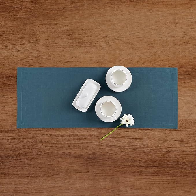 Solino Home Peacock Blue Table Runner 36 Inches - 100% Pure Linen Short Table Runner 14 x 36 Inch Ideal for Dresser and Coffee Tables - Fete