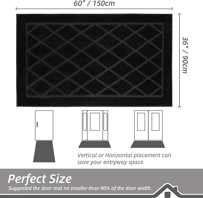BEQHAUSE Dirt Trapper Door Mat 36" x 60", Doormat Non-Slip Entryway Rugs Washable, Dog Door Mat Stain Resistant and Absorbent Welcome Floor Mat for Front Back Door, Muddy Wet Shoes & Paws, Black