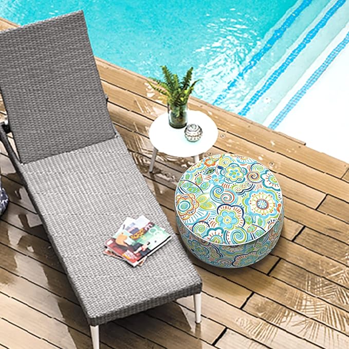 LVTXIII Outdoor/Indoor Inflatable Stool Ottoman, All Weather Patio Footrest Pouf, Portable Round Ottoman for Patio Garden, Camping or Home, D21xH9 Inches, Flower Blue