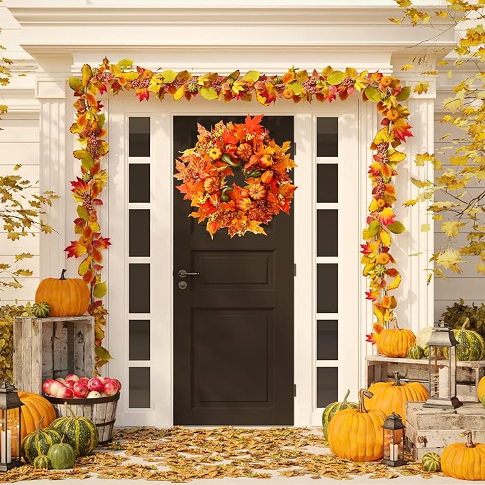 24 Inch Fall Wreaths for Front Door, Fall Decorations for Home,Fall Wreath,Autumn Wreath with Pumpkins Berries Maple Leaves for Thanksgiving Halloween Decorations Indoor Outdoor Outside Fall Decor