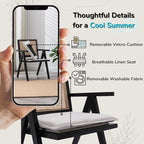 Rattan Dining Chairs Set of 2, Farmhouse Wicker Dining Chairs with Removable Linen Cushion Accent Cane Armchair for Dining Room Kitchen Restaurant, Black