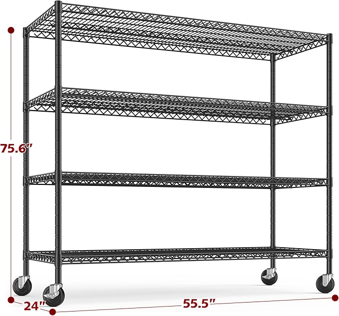 REIBII 55.5''W Storage Shelves 2500LBS Wire Shelving Rack with Wheels 75.6" H Heavy Duty Shelving Unit Adjustable Metal Shelves for Storage Rack Shelving for Kitchen Pantry 2PCS