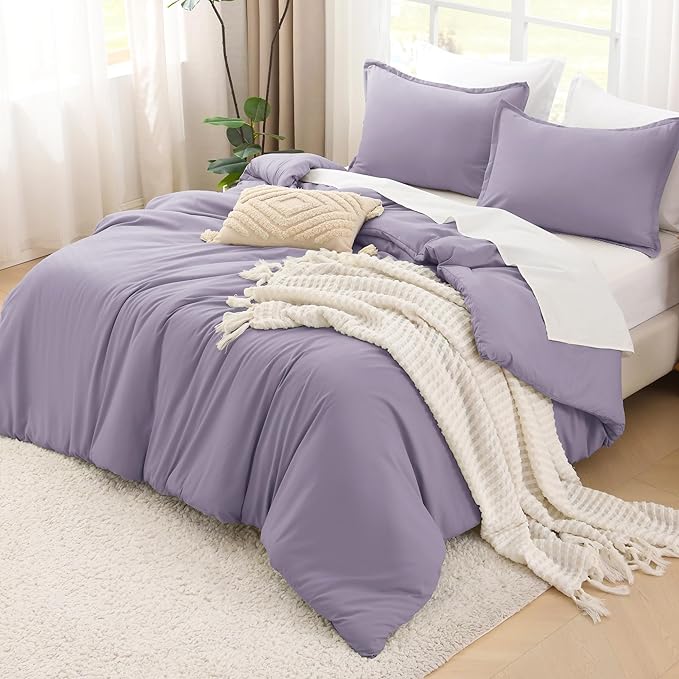 Litanika Grayish Lavender Purple Comforter Set Full Size, 3 Pieces Lightweight Solid Bedding Comforter Set, All Season Fluffy Bed Set (79x90In Comforter & 2 Pillowcases)