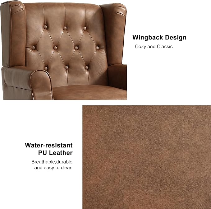 Accent Chair, Upholstered Armchair with Button Tufted High Back & Solid Wood Legs, Comfy Wingback Reading Single Sofa Chair for Small Spaces, Living Room, Bedroom (Leather Brown, Set of 1)