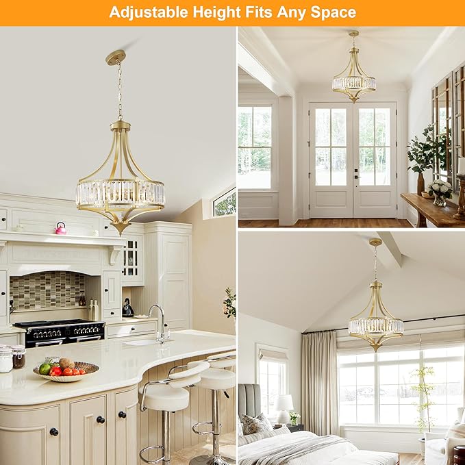20" Modern Crystal Chandelier, 5-Light Gold Dinning Room Light Fixtures Over Table, Hanging Round Pendant Chandelier for Kitchen Island Entryway Bedroom Office Bathroom Stairwell