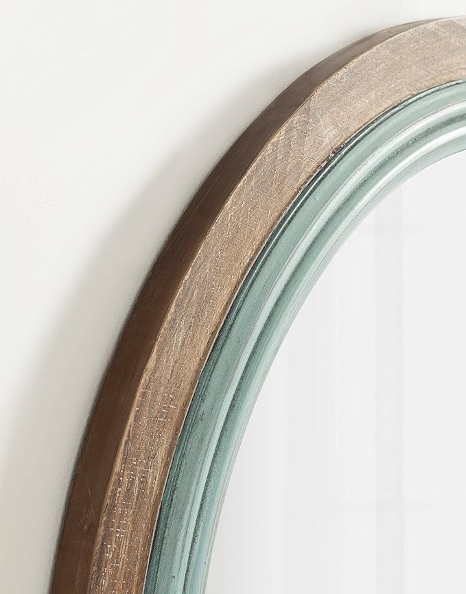 Kate and Laurel Palmer Rustic Farmhouse Round Wooden Mirror, 26 Inch Diameter, Blue and Rustic Brown, Modern Circle Decorative Wall Mirror with Paint Distressing