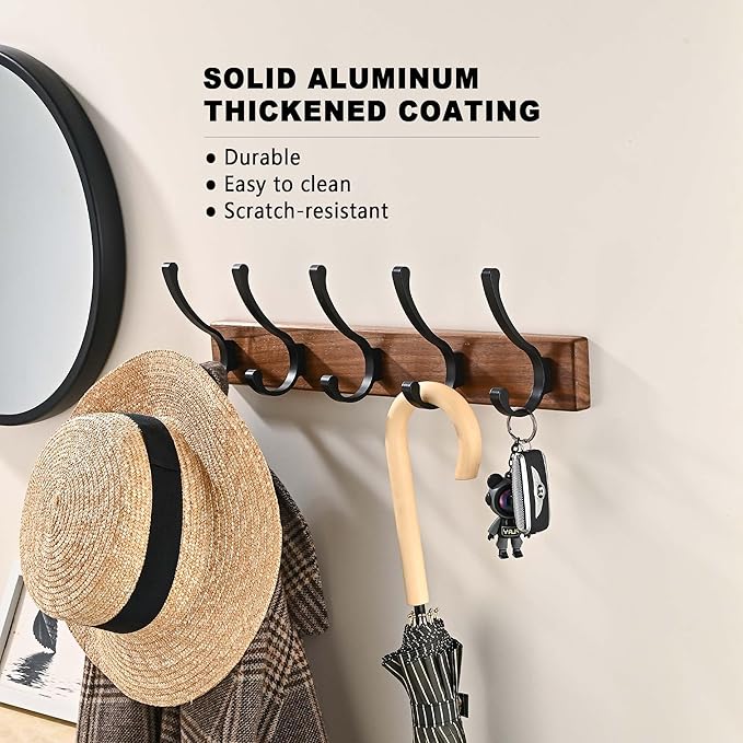 17.3" Small Wooden Coat Rack Wall Mount with 5 Hooks, Entryway Wall Hooks Coat Hanger for Hanging Towel Jacket Clothes Hat Backpack Shoe Purse Key Holder Multi Hook Rail by Black Walnut Wood