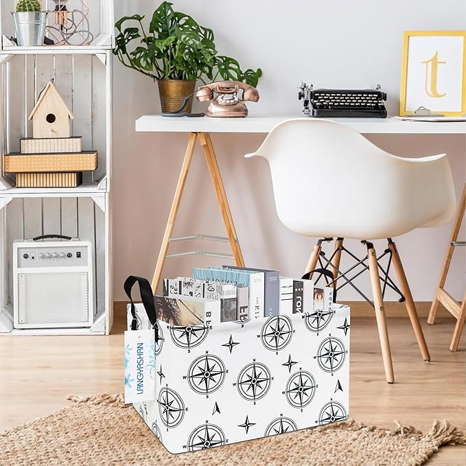 LANGYASHAN Rectangular Storage Bin Collapse Canvas Fabric Cartoon Storage Basket with Handles for Organizing Home Kitchen Boys and Girls Toys Office Closet Shelf Baskets (Rec Black Compass)