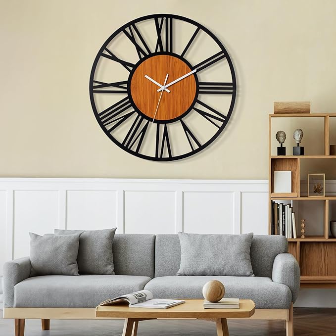 LEIKE 30" Oversized Large Wall Clocks,Silent,Non Ticking,Battery Operated Modern Round Big Wood Decorative Metal Wall Clock for Living Room, Bedroom,Kitchen,Farmhouse,Office Decor - Black,30 Inch