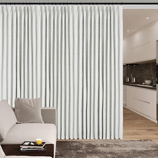 100% Blackout Linen Textured Drapes for Bedroom Pinch Pleated Curtains for Track System Portable Drapery for Sliding Glass Door/Storage/Space Room Divider, 70" Wx96 L, 1 PC, Greyish White