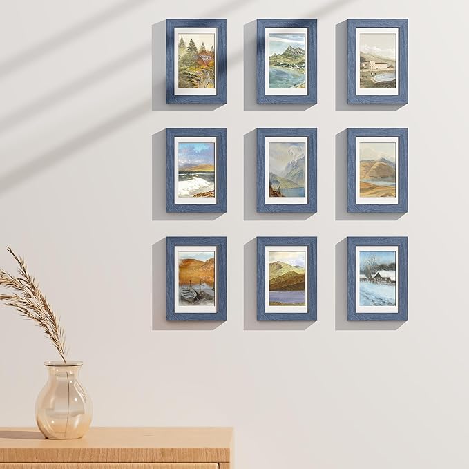 Vittanly 4x6 Picture Frames Set of 9, Shatter Resistant Plexiglass, Display 3.5x5 Pictures with Mat or 4x6 without Mat, Photo Frames for Wall or Tabletop, Engineered Wood, Navy