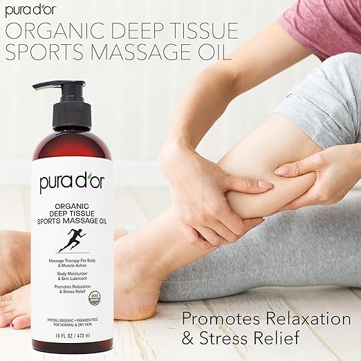 PURA D'OR 16 Oz Organic Deep Tissue Sports Massage - Jojoba, Sunflower, Almond, Grapefruit & Eucalyptus Oils - Alleviate Muscle Soreness