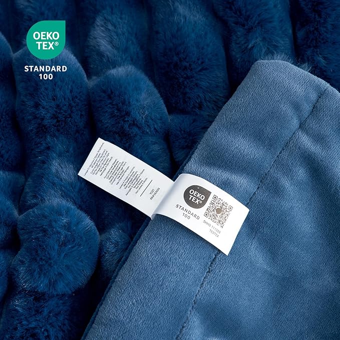 Cozy Bliss Faux Fur Throw Blanket for Couch, Cozy Warm Plush Striped Blanket for Sofa Bedroom Living Room,50 * 60 Inches Navy Blue