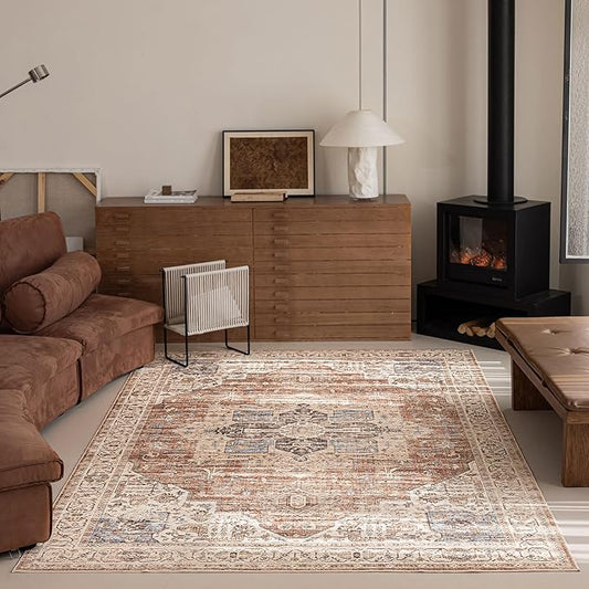 5'x7' Area Rug - Vintage Persian Medallion Design Low-Pile Faux Wool Rug, Non-Slip Backing, Machine Washable, for Living Room, Dining Room, Bedroom (Brick Red)