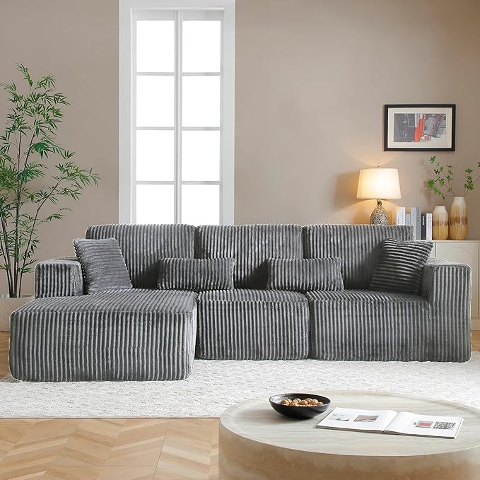 HYJT-H&K Modular Sectional Sofa Cloud Sectional Couch, 107" Comfy Fluffy L Shaped Dark Grey Couches for Living Room, Deep Seat Memory Foam Plush Corduroy Boneless Couch Sectionals Left Facing Chaise