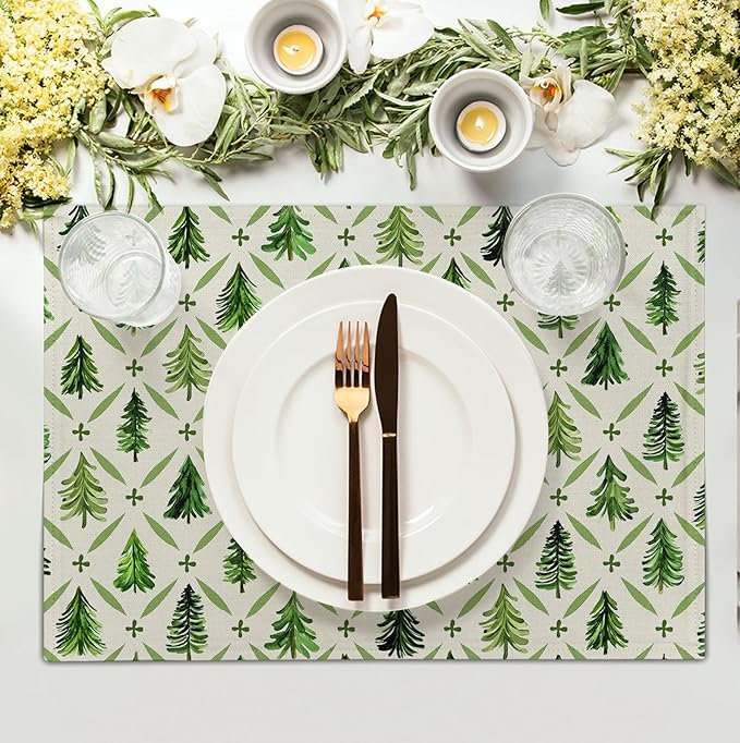 Sage Green Pine Tree Christmas Placemats Set of 4 Xmas Farmhouse Rustic Style Print Place Mat Seasonal Winter Holiday Linen Table Mats for Indoor Outdoor Kitchen Dining Party Decor