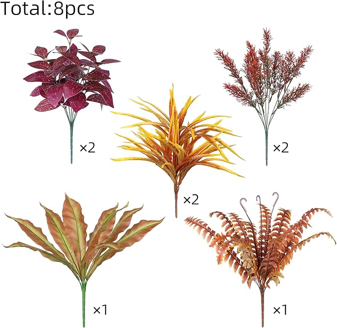 Artificial Fall Plant Large Bunches Greenery Plants Fake Plastic Leaves with Stems UV Resistant Outside Faux Plants Bushes for Autumn Outdoor Patio Garden Front Porch Yard Decor (Fall Color)