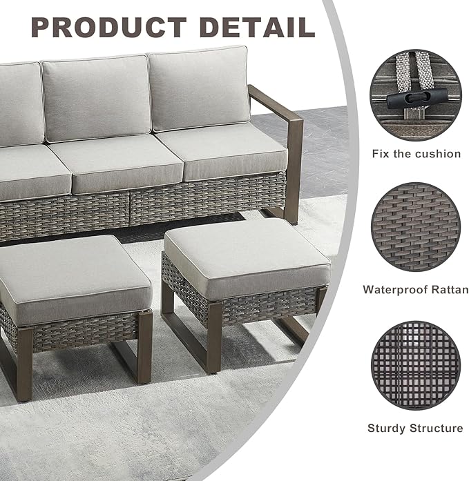 Outdoor Ottoman Wicker Patio Footrest - 2 Piece Wicker Footrest Footstools Set with Sturdy Frame,All-Weather PE Wicker, Thick Cushions for Deck Porch Garden(Mixed Grey/Grey)