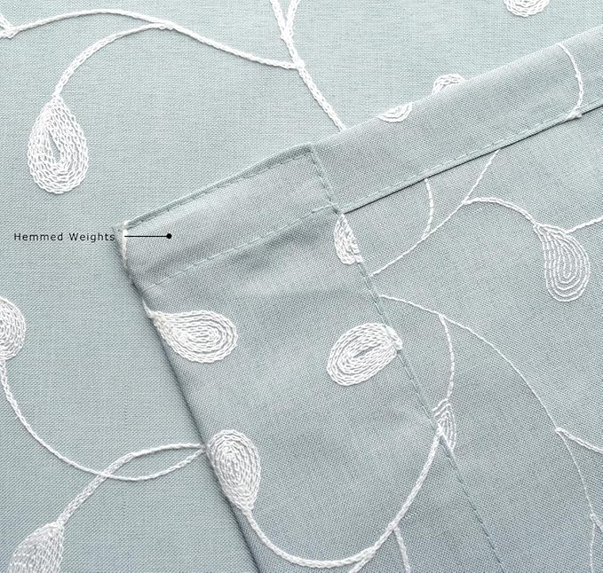 MIUCO Floral Embroidered Semi-Sheer Curtains Faux Linen Grommet Window Panel Pair for Nursery 52 x 63 Inch, Sea Foam