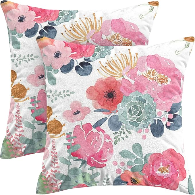CXMEIFLY Spring Floral Pillow Covers 20 x 20 Inch Set of 2 for Watercolor Pink Flowers Decor Throw Pillows Green Leaves Plant Outdoor Decorative Cushion Cases with Zipper for Couch Bed Decorations
