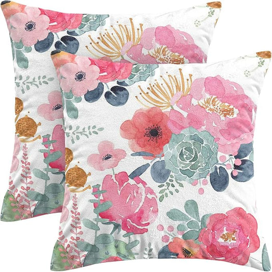 CXMEIFLY Spring Floral Pillow Covers 18 x 18 Inch Set of 2 for Watercolor Pink Flowers Decor Throw Pillows Green Leaves Plant Outdoor Decorative Cushion Cases with Zipper for Couch Bed Decorations