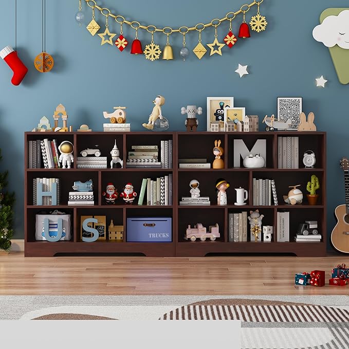 Book Shelf Set of 2, 8 Cubes Storage Organizer, 3-Tier Open Bookshelf Wooden Bookcase, Freestanding Cherry Bookshelf Cube Shelf for Living Room