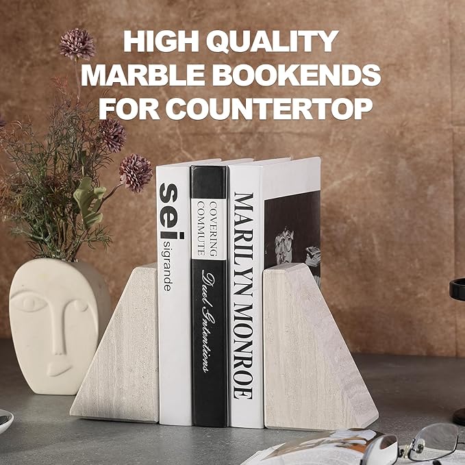 Marble Book Ends for Heavy Books, Decorative Bookends for Shelves, Durable and Heavy-Duty Bookends for Hardback Book & CDS, Off-White Unique Books Stopper & Holder, Set of 2