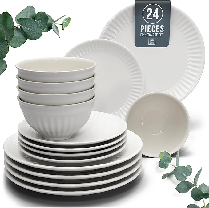 Stoneware Dinnerware Set for 8 People HYGGE 24-Piece - Elegant Scandi Design - Premium Dish Set - Bowl and Plate Set - Tableware for 8 People in a Ribbed Design - Pure Living in White