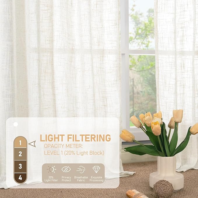 LAMIT Short Sheer Linen Curtains 30 inches Long, Bronze Grommet Linen Drapes Light Filtering Semi Sheer Curtains for Small Window/Kitchen/Cafe, 2 Panels, 34 x 30 Inch, Cream