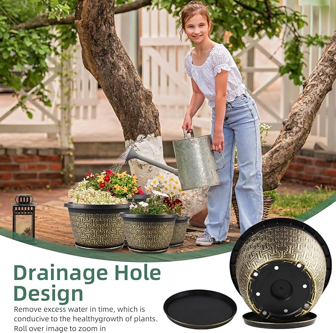 10 Inch Plant Pots, 4 Pack Flower Pots Outdoor with Drainage Holes & Trays, Retro Antique Imitation Decorative Garden Plastic Pots for Plants Indoor Sets for Houseplants