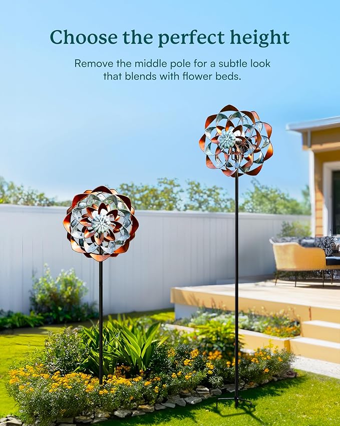 Solar Wind Spinner, Outdoor Metal Wind Spinners with Light, Windmill Decor for Yard Garden, Ideal Gifts for Birthday, Housewarming, Mother's Day, Christmas (13" W x 74" H)