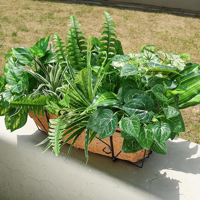 Artificial Greenery Plants Fake Plastic Leaves with Stems UV Resistant Large Bunches Outside Faux Plants Bushes for Outdoor Patio Garden Front Porch Yard Decor (Green)