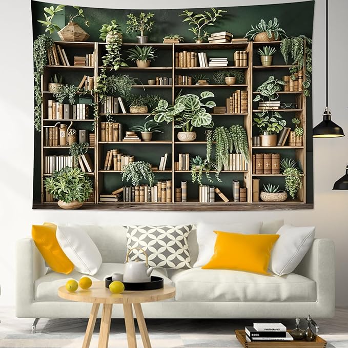 HVEST Green Plant Bookshelf Tapestry Book on Bookshelf and Plant Potted Tapestry Wall Hanging Reading Wall Art Decor for Study Room Bedroom Living Room College Dorm, 40L x 60W Inches