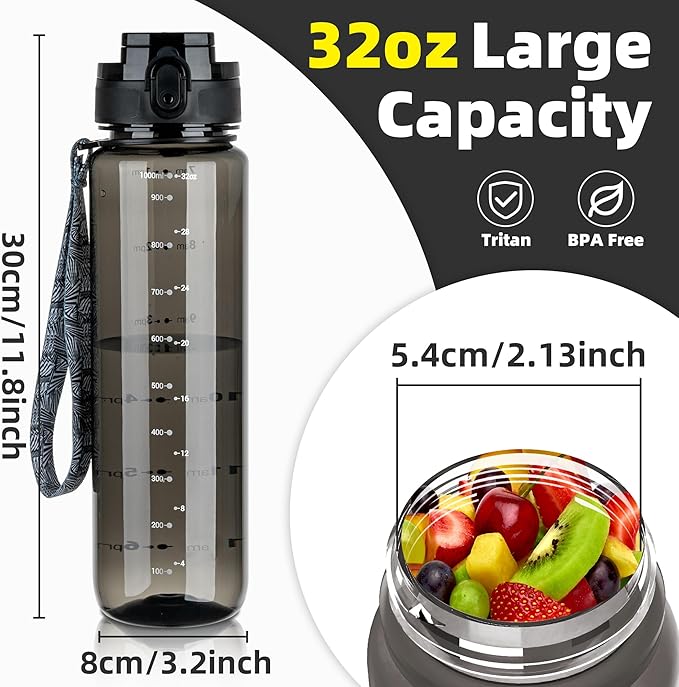 OLDLEY 32 oz Water Bottle, Motivational Water Bottle with Time Marker, Sports Water Bottle With Strap, Leakproof & BPA Free Large Water Bottles for School, Gym, Travel,Tritan, Transparent Black