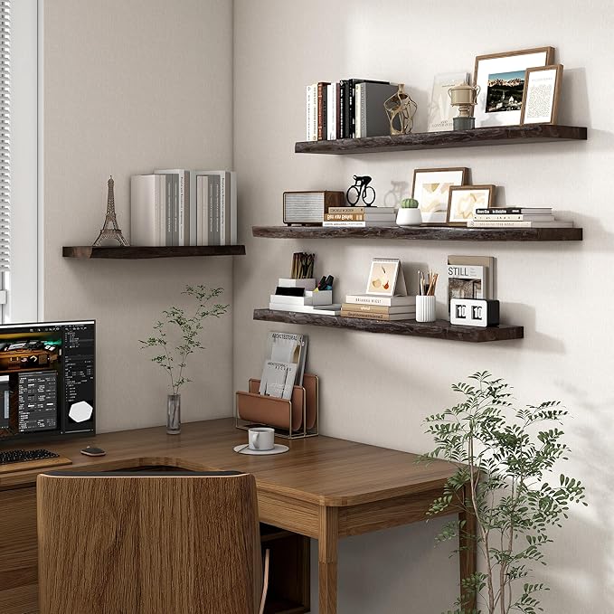 Axeman 36 inch Floating Shelves for Wall - 8'' D Live Edge Rustic Solid Elm Wood Floating Shelves Wall Mounted, Wall Shelves with Invisible Bracket for Living Room Bedroom Kitchen, Set of 2 Walnut