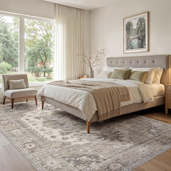 Washable Area Rugs for Living Room -8x11 Neutral Vintage Distressed Floral Farmhouse Boho Large Soft Floor Rug Indoor Non Slip Carpet for Living Room Bedroom Dining Room Office-Brown/Beige