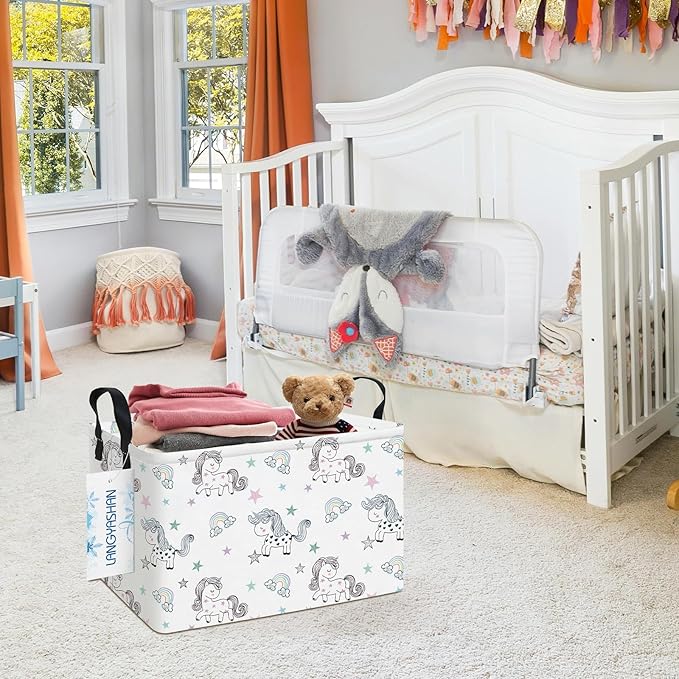 LANGYASHAN Rectangular Storage Bin Collapse Canvas Fabric Cartoon Storage Basket with Handles for Organizing Home Kitchen Boys and Girls Toys Office Closet Shelf Baskets (Rec Rainbow Unicorn)