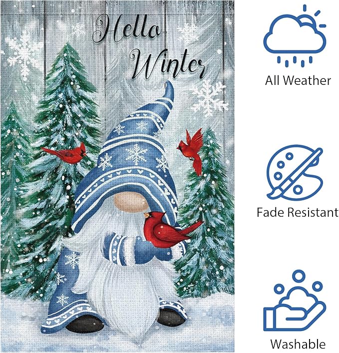 Hello Winter Gnome Garden Flag 12x18 Double Sided Burlap Cardinals Snowflakes Snow Yard Flags for Christmas Seasonal Outside Outdoor House Decoration (ONLY FLAG)