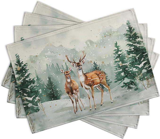Christmas Watercolor Deer Trees Snowflakes Placemats Set of 4 Winter Rustic Nature Forest Linen Table Mat 12x18 Inch Seasonal Farmhouse Washable Place Mats for Dining Table Kitchen Xmas Decor