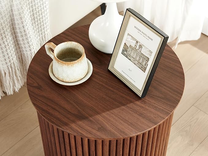 AVZEAR Small Round Side Table Fluted Night Stand Set of 2, 17.7" Mid Century Modern End Table, Circle Bedside Tables Wood Nightstands for Small Spaces, Living Room, Bedroom (Rustic Walnut)