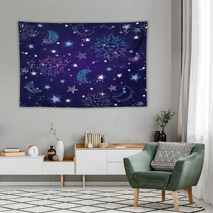 HZOHNAGO Boho Sun Moon Tapestry Purple Blue Sun Stars Galaxy Pattern Printed Wall Tapestry Wall Hanging for Bedroom Living Room Dorm 60" W x 40" H