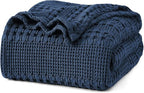 PHF 100% Cotton Waffle Weave Blanket Queen Size, Soft Lightweight Breathable Cozy Summer Blankets for Bed, Luxury Aesthetic Woven Bedding for Home Decor, 90"x90", Bright Navy Blue