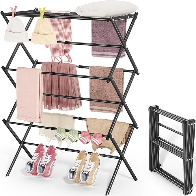 APEXCHASER Clothes Drying Rack, 3-Tier Laundry Drying Rack for Clothes, Expandable Metal Clothing Dryer, Collapsible Towel Rack, Air Drying Rack, Black