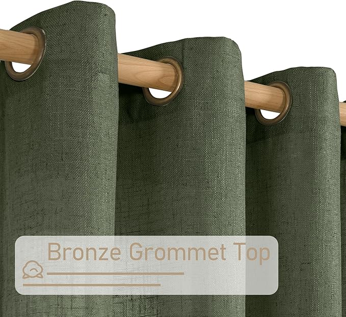 LAMIT Olive Green Sheer Linen Curtains 84 Inches Long for Living Room, Light Filtering Christmas Window Treatments Semi Sheer Neutral Drapes with Bronze Grommet for Bedroom, 52 x 84 Inch, 2 Panels Set