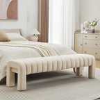 63" Bedroom Bench, Upholstered Entryway Bench, Modern End of Bed Ottoman with Solid Wood Legs and Adjustable Foot Pegs for Entryway, Dining Room and Living Room (Beige Linen)
